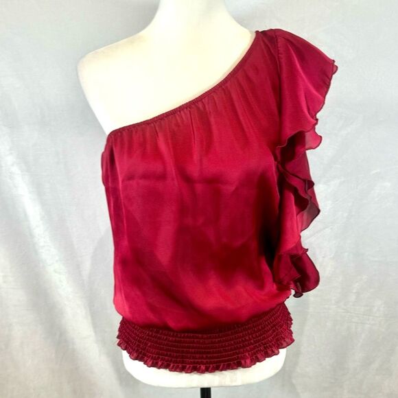 One shoulder satin ruffle fuchsia smocked blouse top size medium - Picture 1 of 4